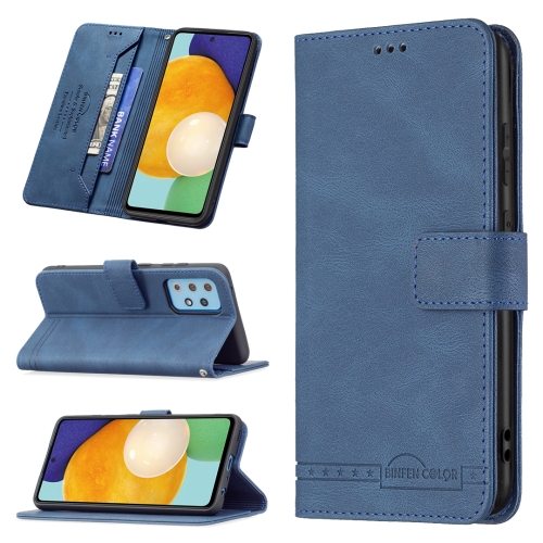 

For Samsung Galaxy A52 Magnetic Clasp RFID Blocking Anti-Theft Leather Case with Holder & Card Slots & Wallet(Blue)