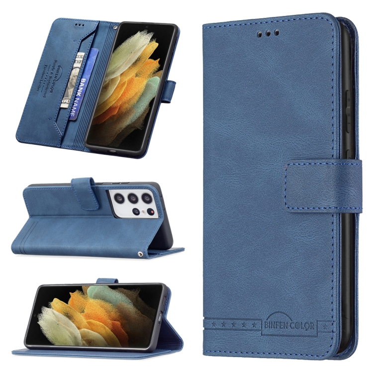 

For Samsung Galaxy S21 Ultra 5G Magnetic Clasp RFID Blocking Anti-Theft Leather Case with Holder & Card Slots & Wallet(Blue)