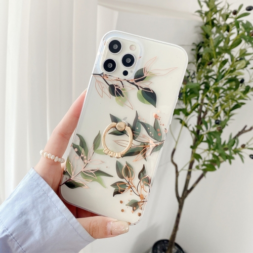 

Plating Transparent Double-sided Film IMD TPU Phone Case with Ring Holder For iPhone 11(Wedding Bouquet Leaves DX-57)