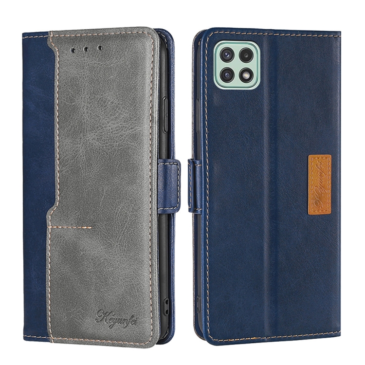

For Samsung Galaxy A22 5G Retro Texture Contrast Color Buckle Horizontal Flip Leather Case with Holder(Blue+Grey)