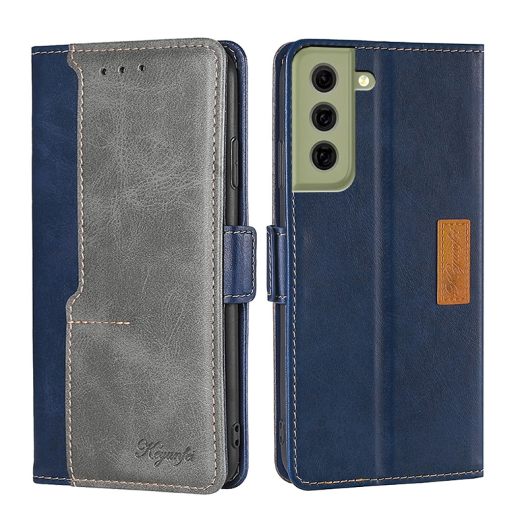 

For Samsung Galaxy S21 FE 5G Retro Texture Contrast Color Buckle Horizontal Flip Leather Case with Holder(Blue+Grey)