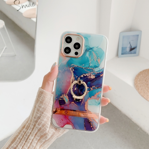 

Dual-side Laminating IMD Plating Golden Circle Marble Pattern TPU Phone Case with Ring Holder For iPhone 11 Pro Max(Blue Gilt DX-61)