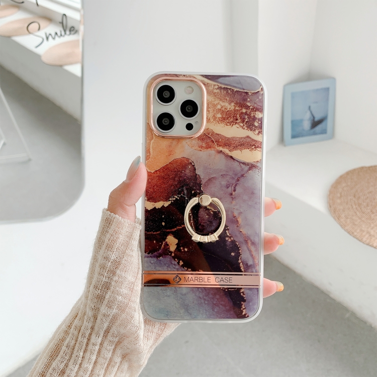 

Dual-side Laminating IMD Plating Golden Circle Marble Pattern TPU Phone Case with Ring Holder For iPhone 11(Black Gilt DX-62)