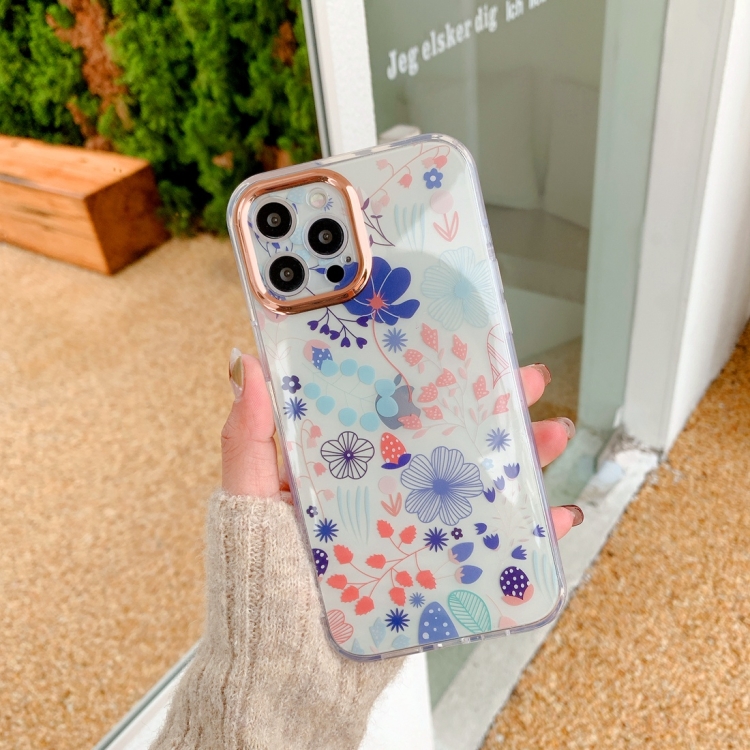 

Precision Hole Dual-side Laminating IMD Plating Flowers Pattern TPU Phone Case For iPhone 13(DX-73)