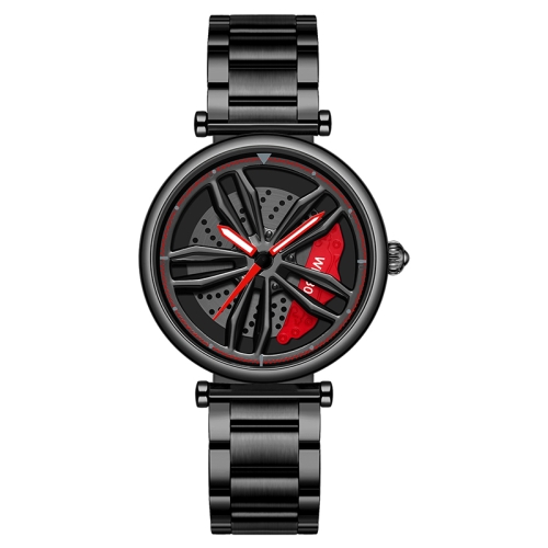 

SANDA 1074 3D Hollow Out Wheel Non-rotatable Dial Quartz Watch for Women, Style:Steel Belt(Black Red)