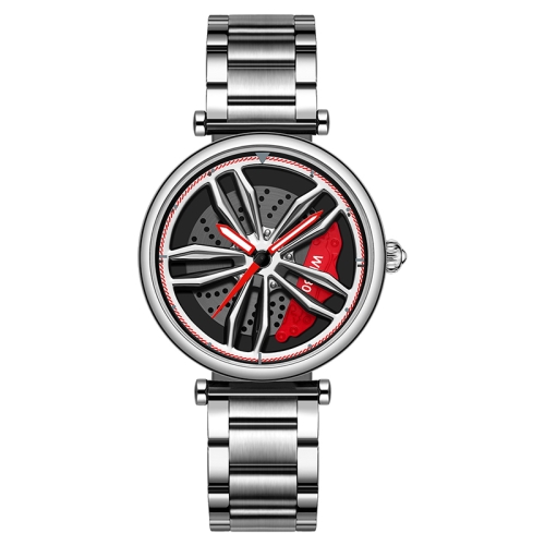 

SANDA 1074 3D Hollow Out Wheel Non-rotatable Dial Quartz Watch for Women, Style:Steel Belt(Silver Red)