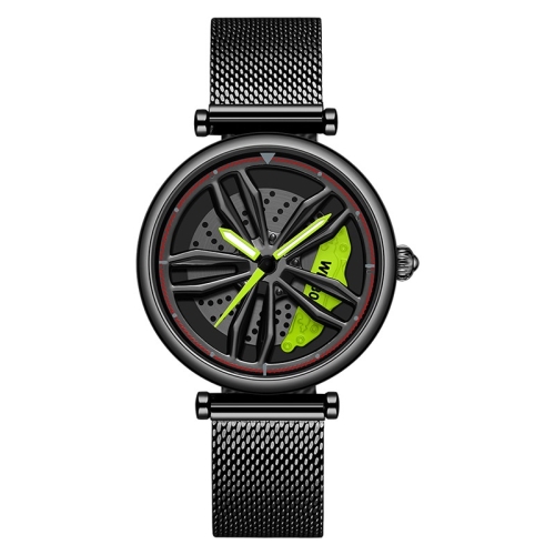 

SANDA 1074 3D Hollow Out Wheel Non-rotatable Dial Quartz Watch for Women, Style:Mesh Belt(Black Green)