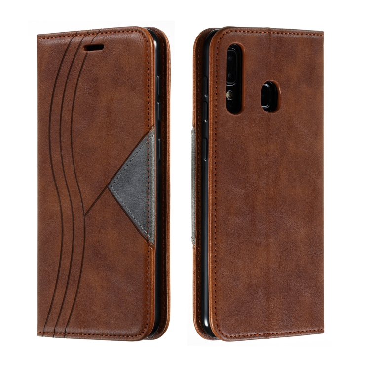 

For Galaxy A20 / A30 Splicing Color Magnetic Hem Horizontal Flip Leather Case with Holder & Card Slots(Brown)
