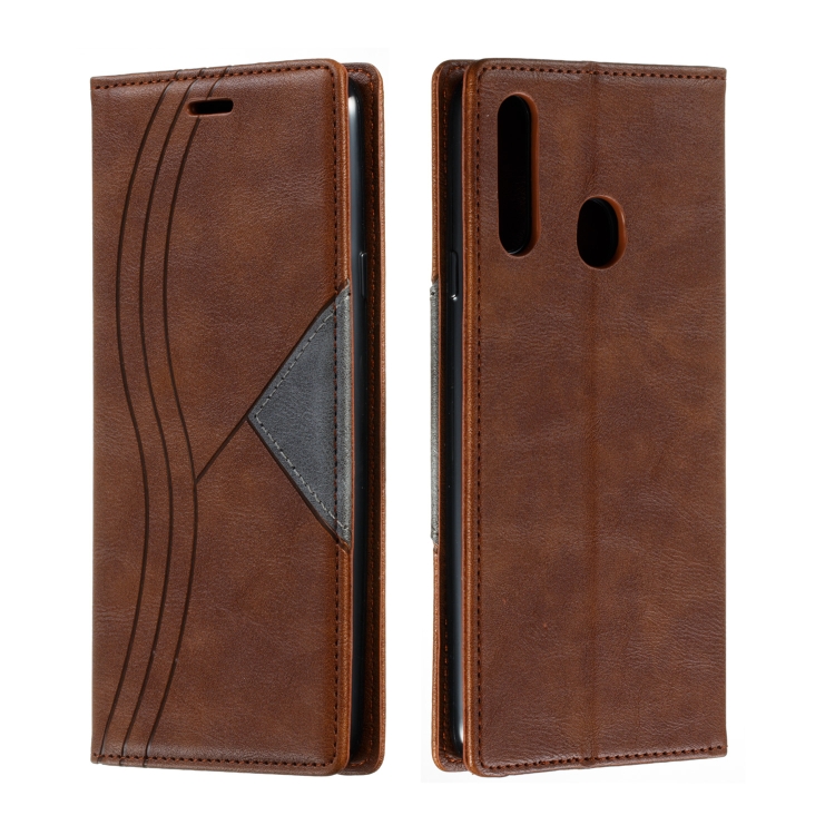 

For Galaxy A20s Splicing Color Magnetic Hem Horizontal Flip Leather Case with Holder & Card Slots(Brown)