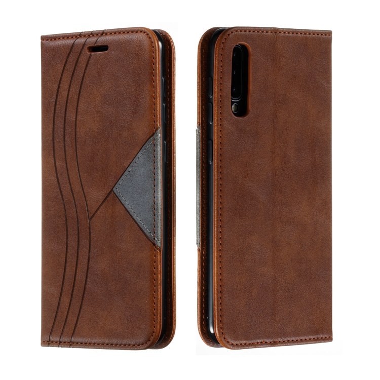 

For Galaxy A50 Splicing Color Magnetic Hem Horizontal Flip Leather Case with Holder & Card Slots(Brown)