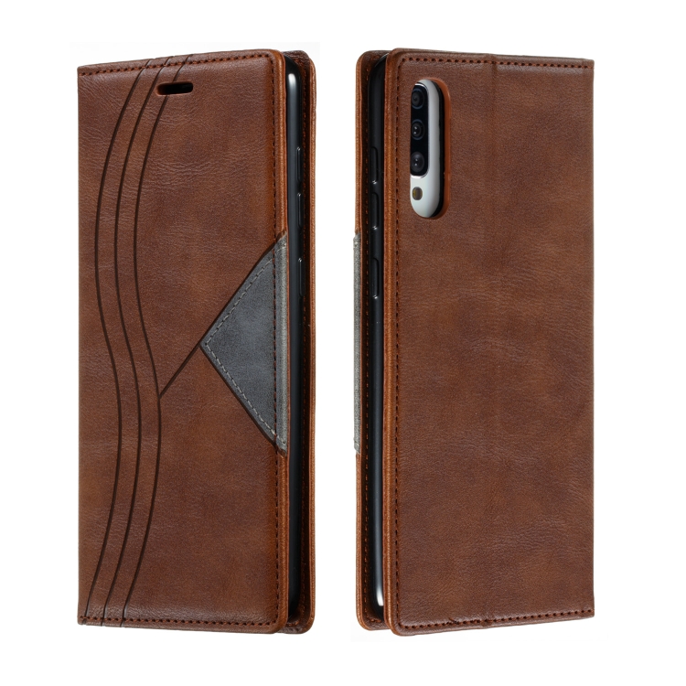

For Galaxy A70 Splicing Color Magnetic Hem Horizontal Flip Leather Case with Holder & Card Slots(Brown)