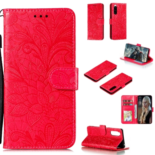 

For Sony Xperia 5 Lace Flower Horizontal Flip Leather Case with Holder & Card Slots & Wallet & Photo Frame(Red)