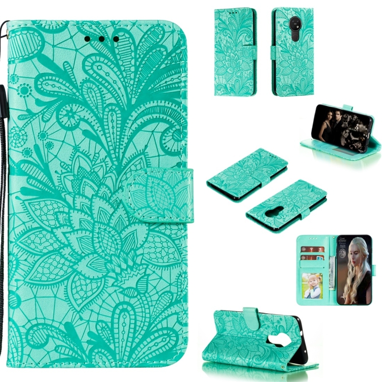 

For Nokia 7.2 Lace Flower Horizontal Flip Leather Case with Holder & Card Slots & Wallet & Photo Frame(Green)