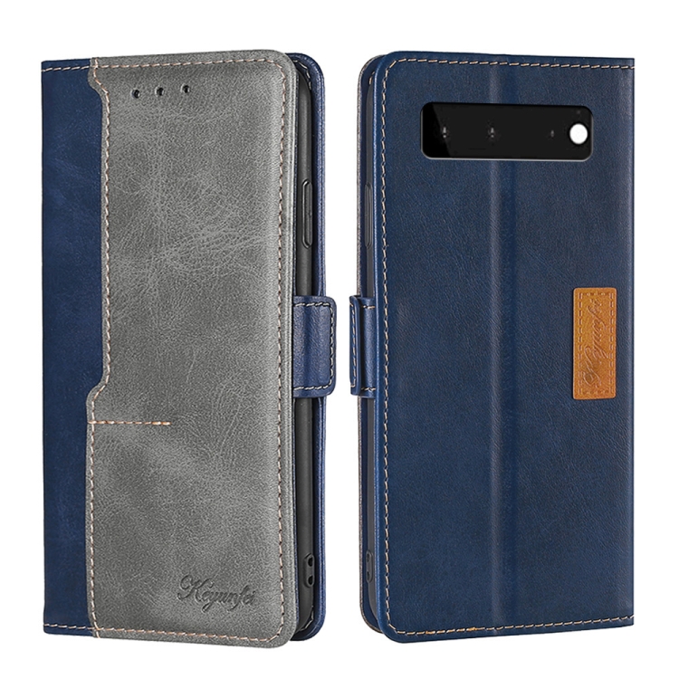 

For Google Pixel 6 Retro Texture Contrast Color Buckle Horizontal Flip Leather Phone Case with Holder(Blue+Grey)