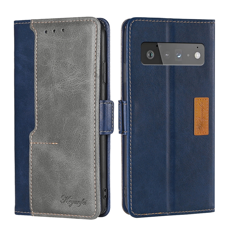 

For Google Pixel 6 Pro Retro Texture Contrast Color Buckle Horizontal Flip Leather Phone Case with Holder(Blue+Grey)