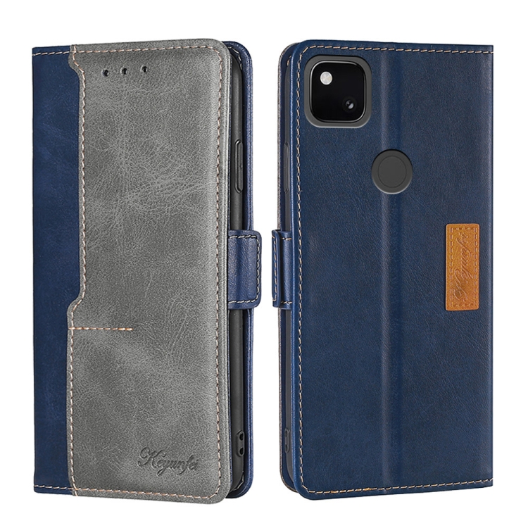 

For Google Pixel 4a Retro Texture Contrast Color Buckle Horizontal Flip Leather Phone Case with Holder(Blue+Grey)