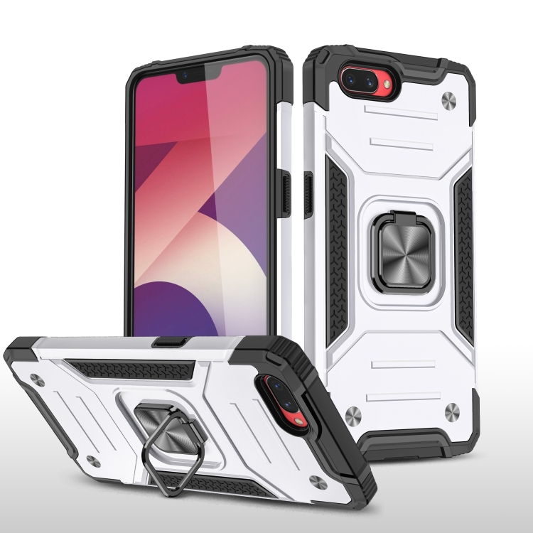 

For OPPO A3s Magnetic Armor Shockproof TPU + PC Phone Case with Metal Ring Holder(Silver)