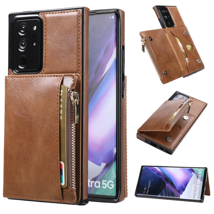 

For Samsung Galaxy Note20 Ultra Zipper Wallet Bag PU Back Cover Shockrpoof Phone Case with Holder & Card Slots & Wallet(Brown)