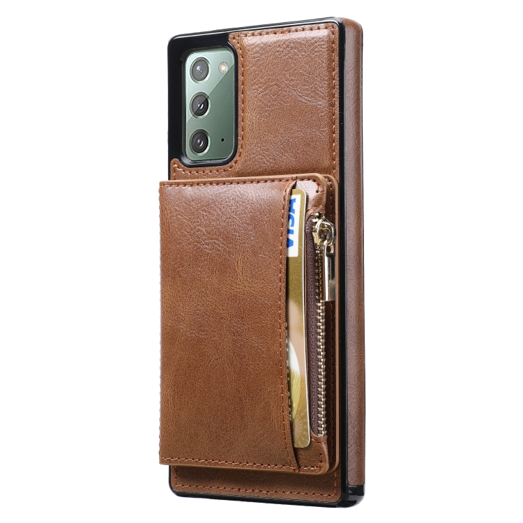 

For Samsung Galaxy Note20 Zipper Wallet Bag PU Back Cover Shockrpoof Phone Case with Holder & Card Slots & Wallet(Brown)