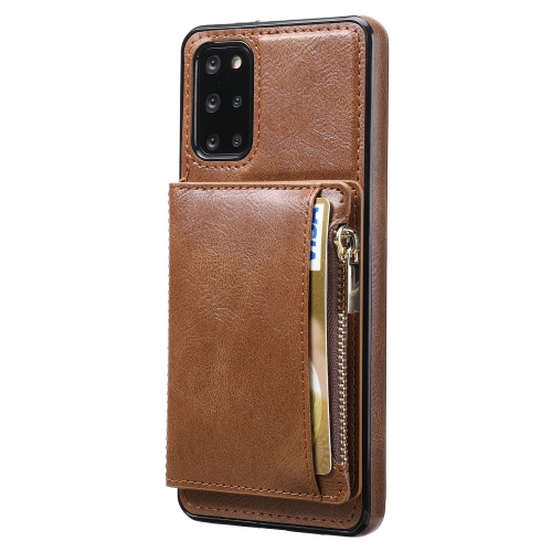 

For Samsung Galaxy S20+ Zipper Wallet Bag PU Back Cover Shockrpoof Phone Case with Holder & Card Slots & Wallet(Brown)