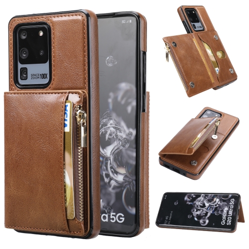 

For Samsung Galaxy S20 Ultra Zipper Wallet Bag PU Back Cover Shockrpoof Phone Case with Holder & Card Slots & Wallet(Brown)