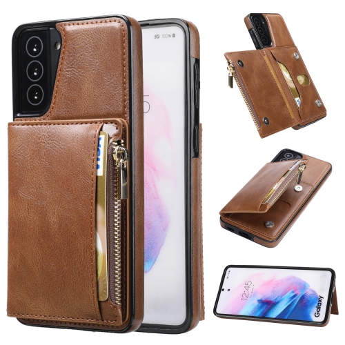 

For Samsung Galaxy S21+ 5G Zipper Wallet Bag PU Back Cover Shockrpoof Phone Case with Holder & Card Slots & Wallet(Brown)