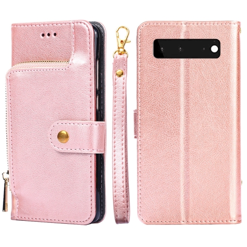 

For Google Pixel 6 Zipper Bag Horizontal Flip Leather Phone Case with Holder & Card Slots & Lanyard(Rose Gold)