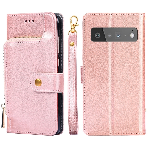 

For Google Pixel 6 Pro Zipper Bag Horizontal Flip Leather Phone Case with Holder & Card Slots & Lanyard(Rose Gold)