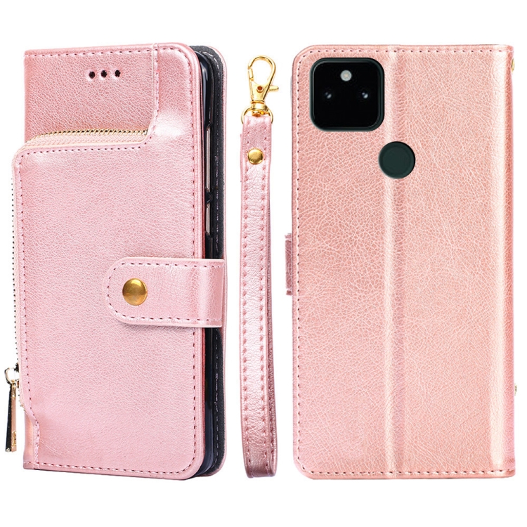

For Google Pixel 5a 5G Zipper Bag Horizontal Flip Leather Phone Case with Holder & Card Slots & Lanyard(Rose Gold)