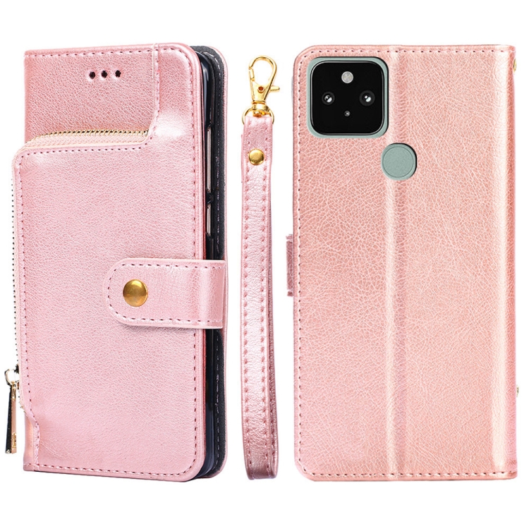 

For Google Pixel 5 Zipper Bag Horizontal Flip Leather Phone Case with Holder & Card Slots & Lanyard(Rose Gold)