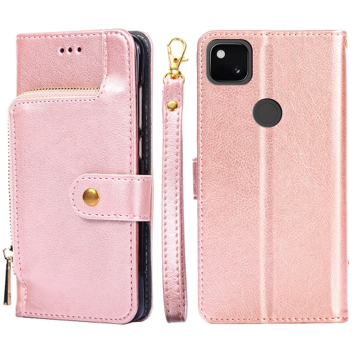 

For Google Pixel 4a Zipper Bag Horizontal Flip Leather Phone Case with Holder & Card Slots & Lanyard(Rose Gold)