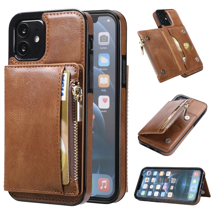 

Zipper Wallet Bag PU Back Cover Shockrpoof Phone Case with Holder & Card Slots & Wallet For iPhone 12 mini(Brown)