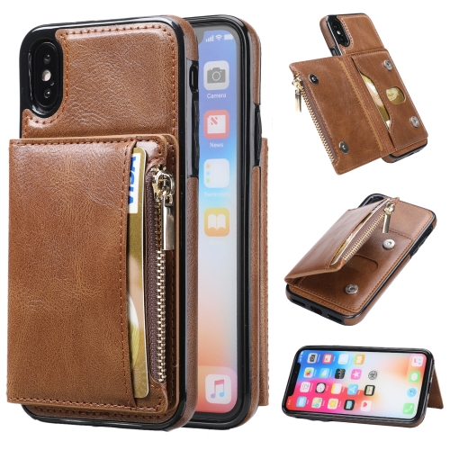 

Zipper Wallet Bag PU Back Cover Shockrpoof Phone Case with Holder & Card Slots & Wallet For iPhone X / XS(Brown)