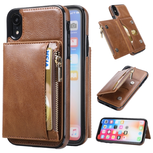 

Zipper Wallet Bag PU Back Cover Shockrpoof Phone Case with Holder & Card Slots & Wallet For iPhone XR(Brown)