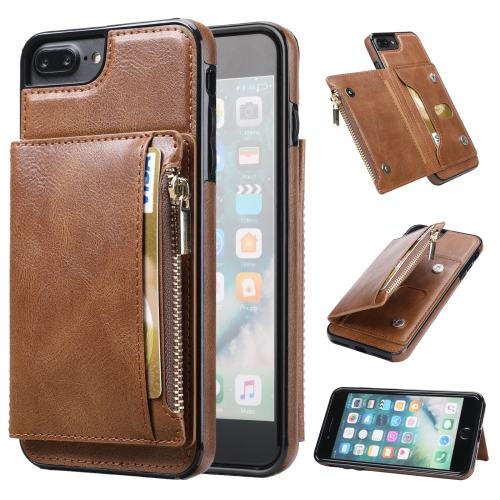 

Zipper Wallet Bag PU Back Cover Shockrpoof Phone Case with Holder & Card Slots & Wallet For iPhone 7 Plus / 8 Plus(Brown)