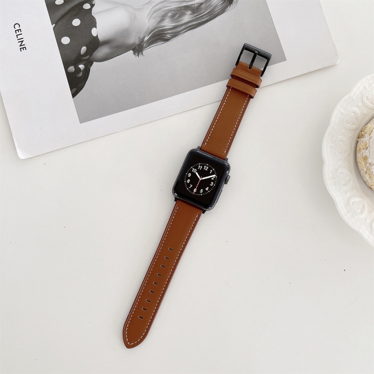 

Oil Edge Bright Surface Leather Strap Watchband For Apple Watch Series 7 41mm / 6&SE&5&4 40mm / 3&2&1 38mm(Brown)