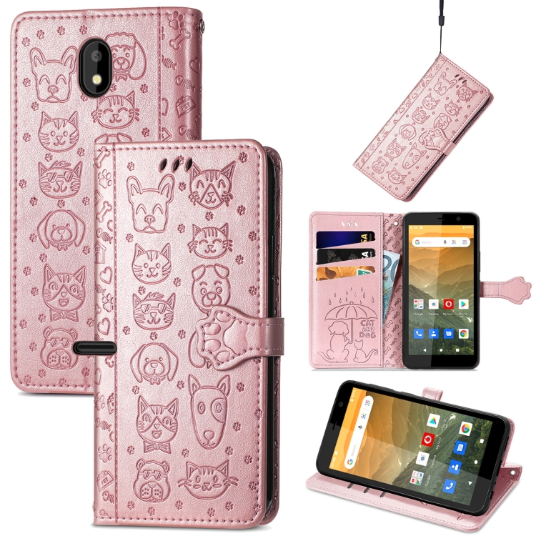 

For Vodafone Smart E11 Cat and Dog Embossed Horizontal Flip Phone Leather Case with Holder & Card Slot & Wallet & Lanyard(Rose Gold)