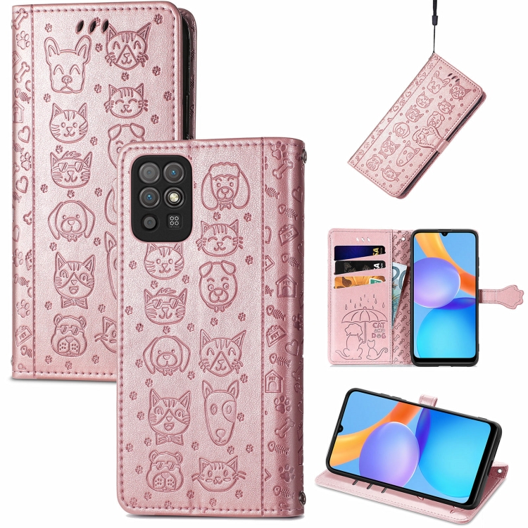 

For Honor Play 5T Youth Cat and Dog Embossed Horizontal Flip Phone Leather Case with Holder & Card Slot & Wallet & Lanyard(Rose Gold)