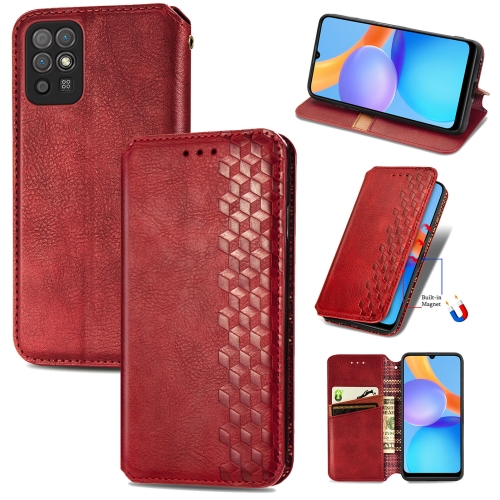

For Honor Play 5T Youth Cubic Grid Pressed Horizontal Flip Magnetic Leather Case with Holder & Card Slots & Wallet(Red)