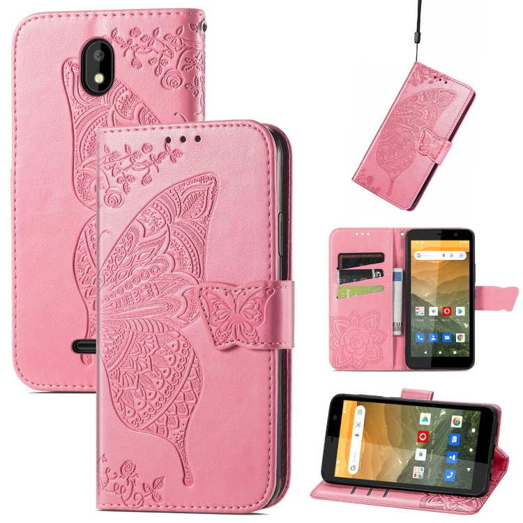 

For Vodafone Smart E11 Butterfly Love Flowers Embossed Horizontal Flip Leather Case with Holder & Card Slots & Wallet & Lanyard(Pink)