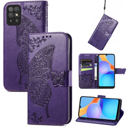 

For Honor Play 5T Youth Butterfly Love Flowers Embossed Horizontal Flip Leather Case with Holder & Card Slots & Wallet & Lanyard(Dark Purple)