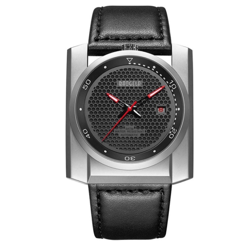 

BAOGELA 6775G Honeycomb Hollow Round Dial Leather Strap Clock Calendar Mechanical Watch For Men(Black Silver)