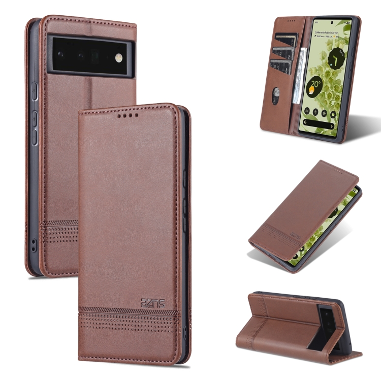 

For Google Pixel 6 AZNS Magnetic Calf Texture Horizontal Flip Phone Leather Case(Dark Brown)