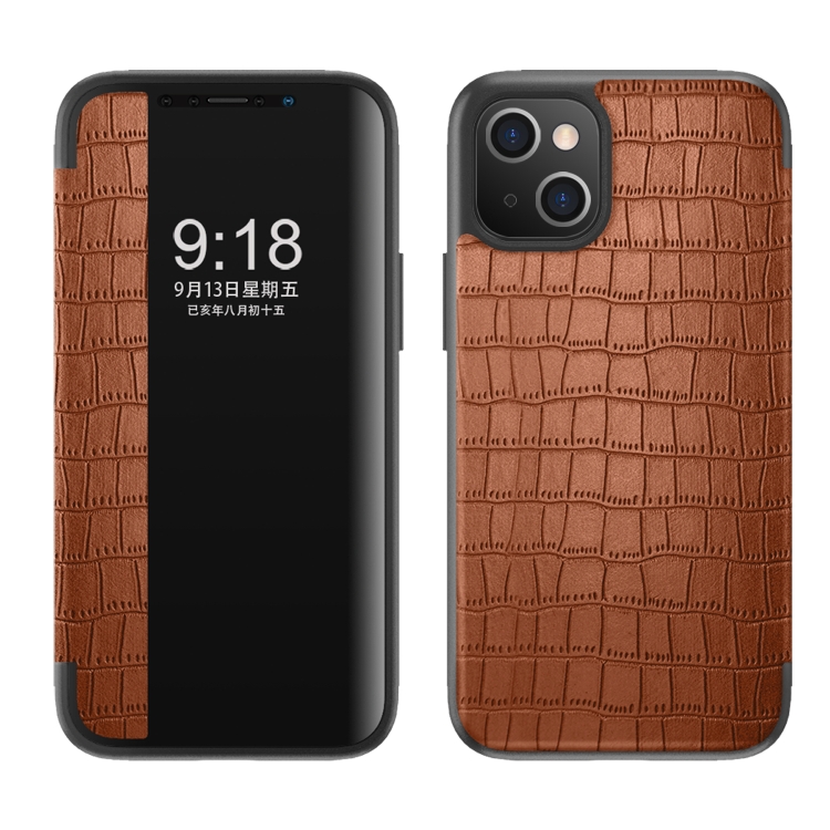 

Crocodile Texture Windows View Horizontal Flip Leather Case For iPhone 13 mini(Brown)