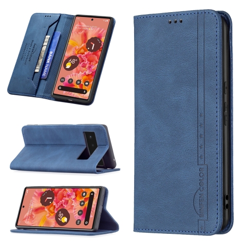 

For Google Pixel 6 Magnetic RFID Blocking Anti-Theft Leather Case with Holder & Card Slots & Wallet(Blue)