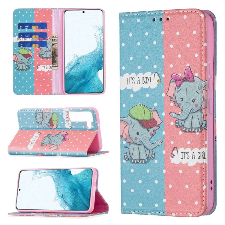 

For Samsung Galaxy S22+ 5G Colored Drawing Pattern Invisible Magnetic Horizontal Flip Phone Leather Case with Holder & Card Slots & Wallet(Elephant)