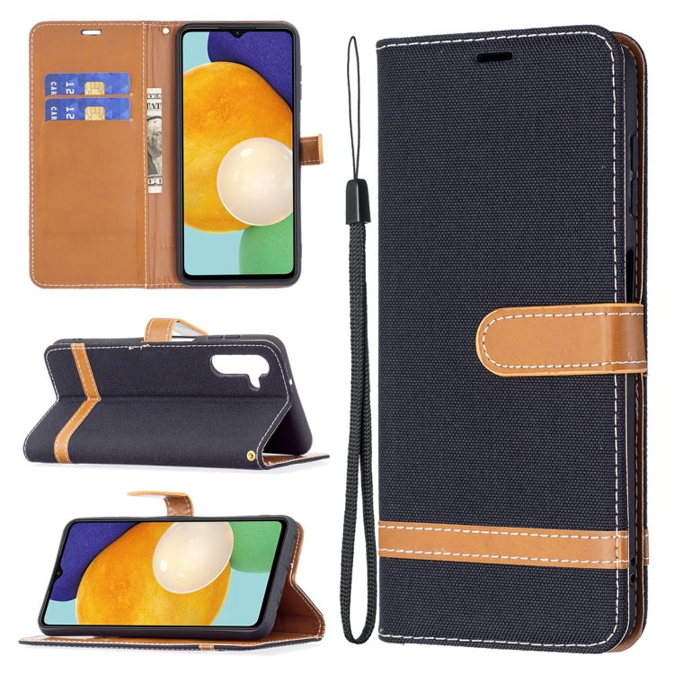 

For Samsung Galaxy A13 5G Color Matching Denim Texture Leather Case with Holder & Card Slots & Wallet & Lanyard(Black)