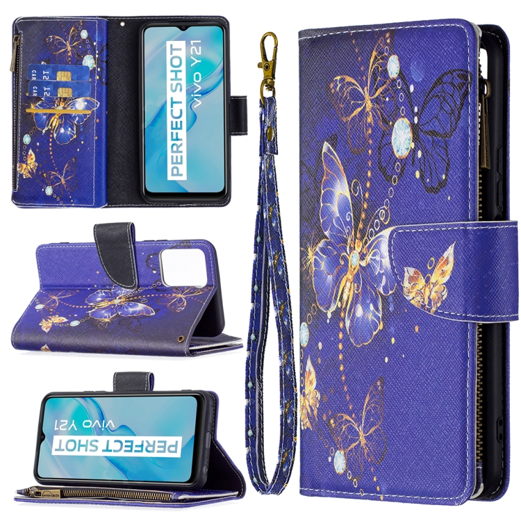 

For vivo Y21 Colored Drawing Pattern Zipper Horizontal Flip Phone Leather Case with Holder & Card Slots & Wallet(Purple Butterfly)