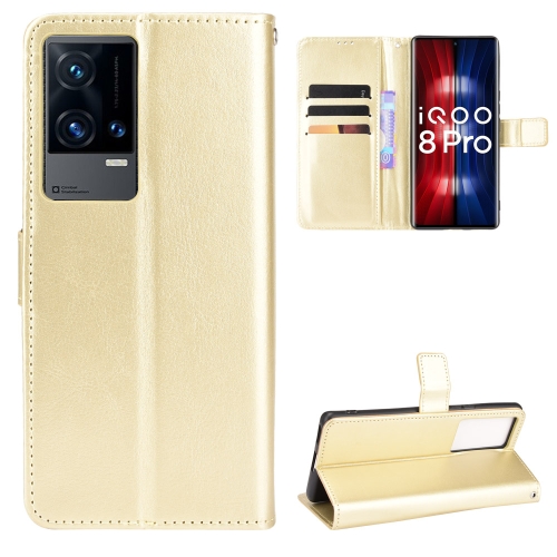 

For vivo iQOO 8 Pro Crazy Horse Texture Horizontal Flip Phone Leather Case with Holder & Card Slots & Lanyard(Gold)