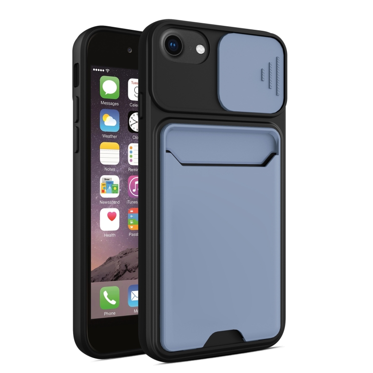 

Sliding Camera Cover Design TPU + PC Shockproof Phone Case with Card Slot For iPhone 6 Plus(Lavender Grey)